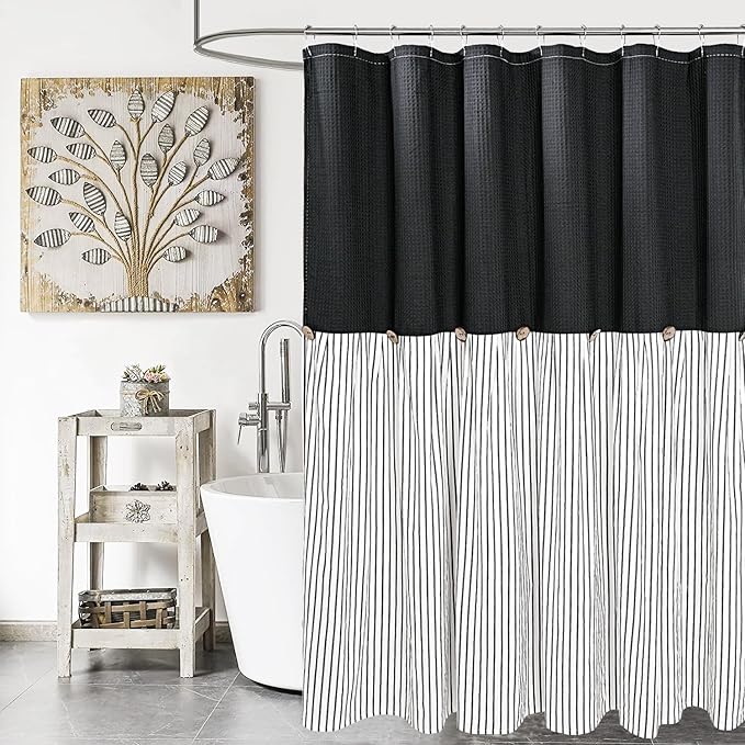 Farmhouse Shower Curtain,Black and Black Striped,Button Curtain,Spa Waffle and Cotton Woven Fabric,Rustic Charm Country Chic Style,72x84 in