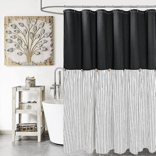 Farmhouse Shower Curtain,Black and Black Striped,Button Curtain,Spa Waffle and Cotton Woven Fabric,Rustic Charm Country Chic Style,72x84 in