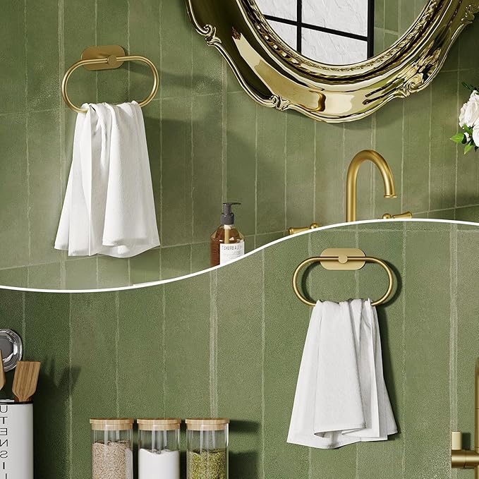 Adhesive Towel Holder for Bathroom Brushed Gold No Drill Hand Towel Ring Stainless Steel and Zinc Alloy Self Adhesive Towel Hanger for Bath, Kitchen