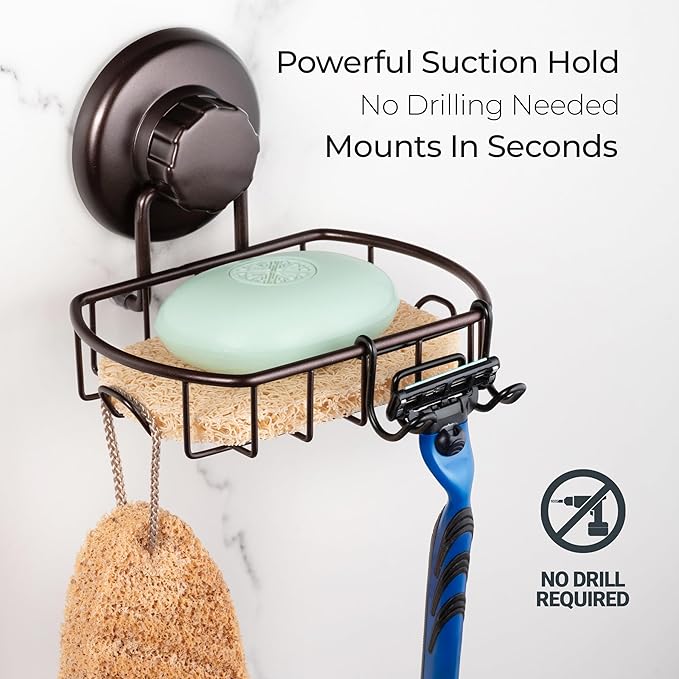 HASKO Suction Cup Soap Dish for Shower Wall, Rustproof Stainless Steel, Shower Soap Holder with Hooks, Includes Optional No Drill Adhesive Mount for Bathroom and Soap Saver, Bronze