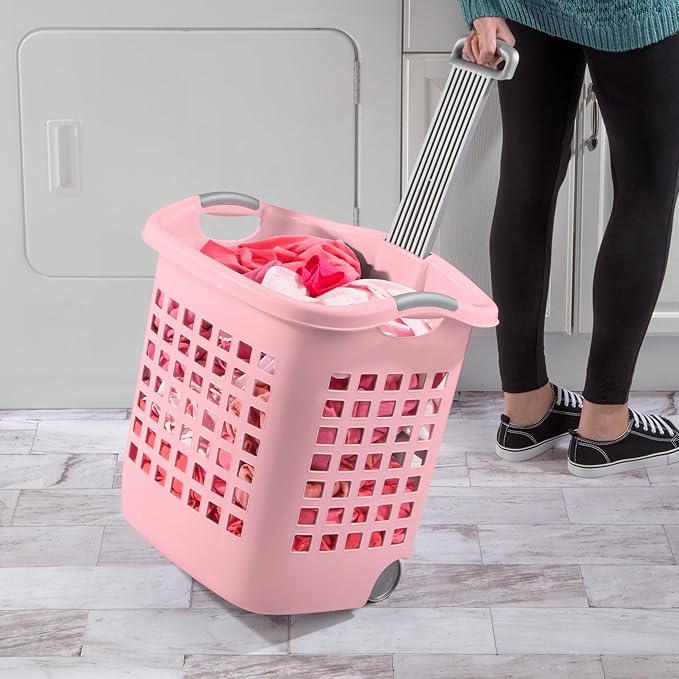 Sterilite 4 Pack Ultra Wheeled Laundry Basket, Plastic Clothes Hamper Bin with Wheels and Retractable Handle, 1.7 Bushel Capacity, Pink Frost