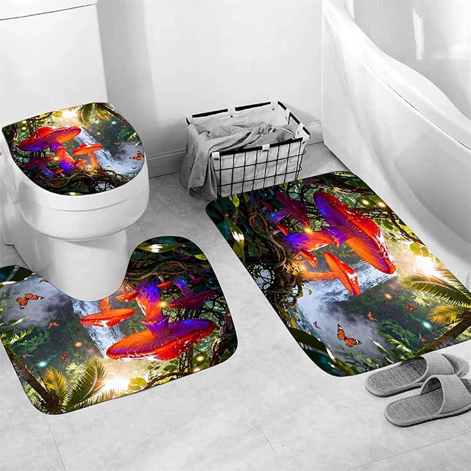 jieprom 4 Piece Tropical Waterfall Shower Curtain Set with Rugs, Vibrant Magical Mushroom & Butterfly Art, Jungle Nature Aesthetic Bathroom Decor, Waterproof Fabric, Non-Slip Mats & Toilet Lid Cover