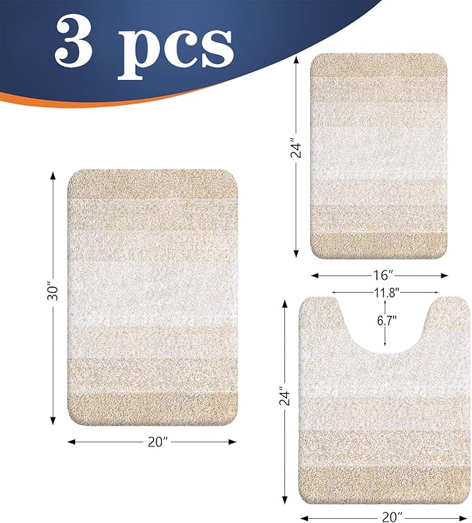 OLANLY Bathroom Rugs Sets 3 Piece, Soft Absorbent Microfiber Bath Mats and U-Shaped Contour Toilet Rug, Plush Shaggy Bath Mat Set for Bathroom (30"x20"+24"x16"+24"x20", Light Beige)