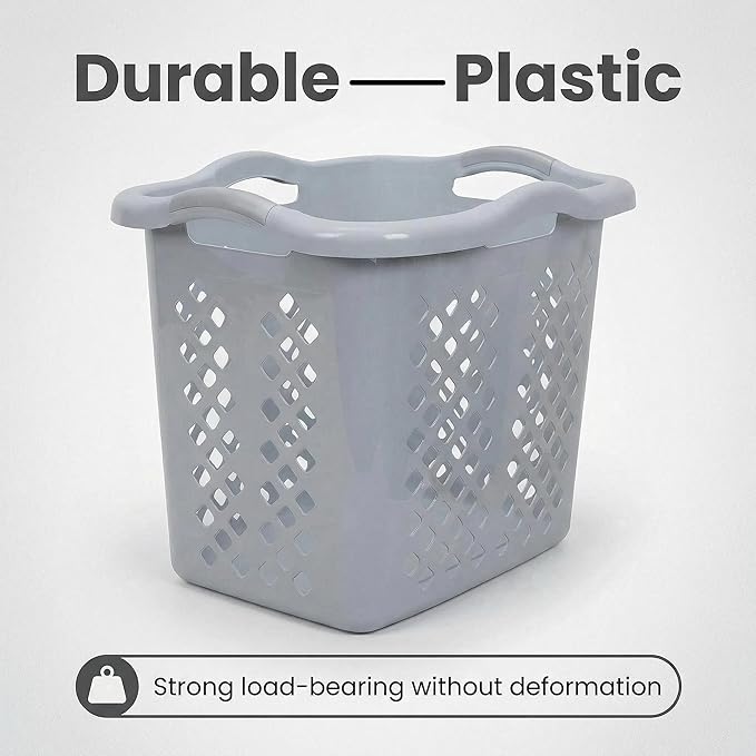 (2-Pack) 2 Bushel Plastic Laundry Baskets with Handles, Featuring Ventilation Design. Suitable for Laundry and Storage. Applicable to Bedrooms, Bathrooms, Dormitories. Convenient to carry. (Grey)