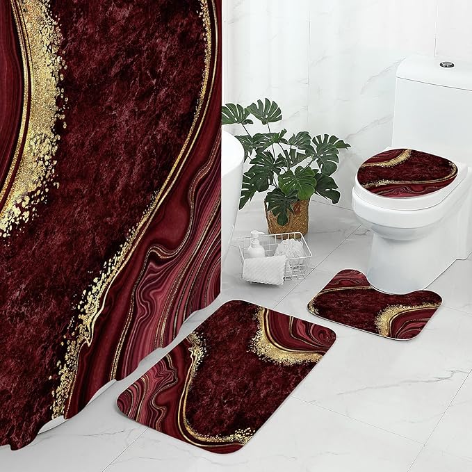 Gibelle 4 Pcs Luxury Marble Shower Curtain Set with Non-Slip Rugs, Toilet Lid Cover and Bath Mat, Gold Foil Red Bathroom Decor Set with Shower Curtain and Rugs and Accessories