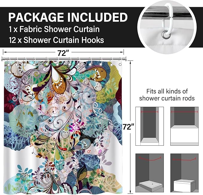 Colorful Boho Abstract Floral Shower Curtains,Paisley Shower Curtain for Bathroom,Funny Waterproof Polyester Boho Bathroom Decor Accessories,72x72 Inch