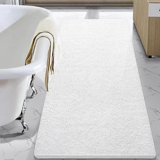 LOCHAS Luxury Bathroom Rug Shaggy Bath Mat 30 x 60 Inch, Washable Non Slip Bath Rugs for Bathroom Shower, Soft Plush Chenille Absorbent Carpets Mats, White