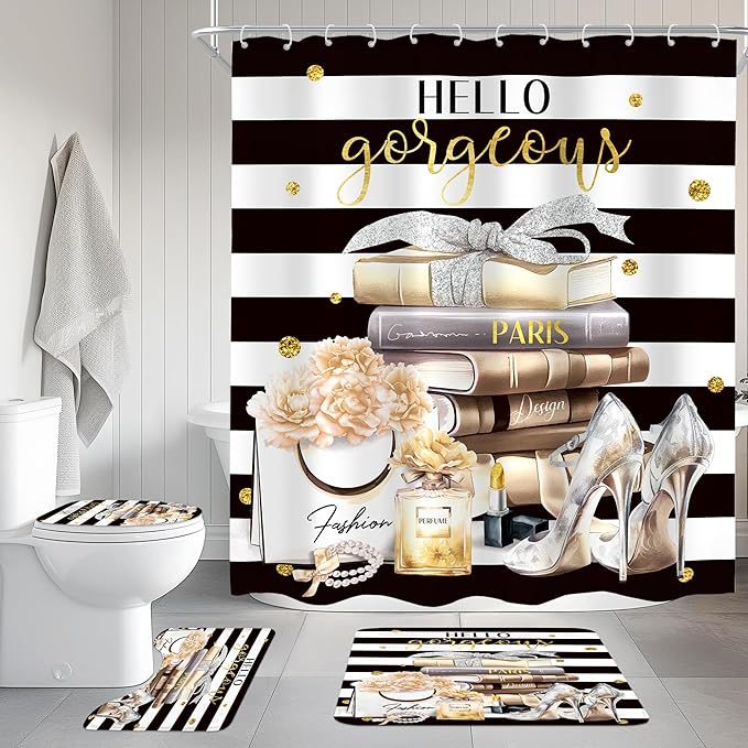 Cinbloo 4Pcs Black Yellow Shower Curtain Set, Fashion Flower Perfume Women Girl Girly Modern Bathroom Curtain with Rug, Toilet Lid Cover, Bath Mat, High Heels Magazine Shower Curtain with 12 Hooks