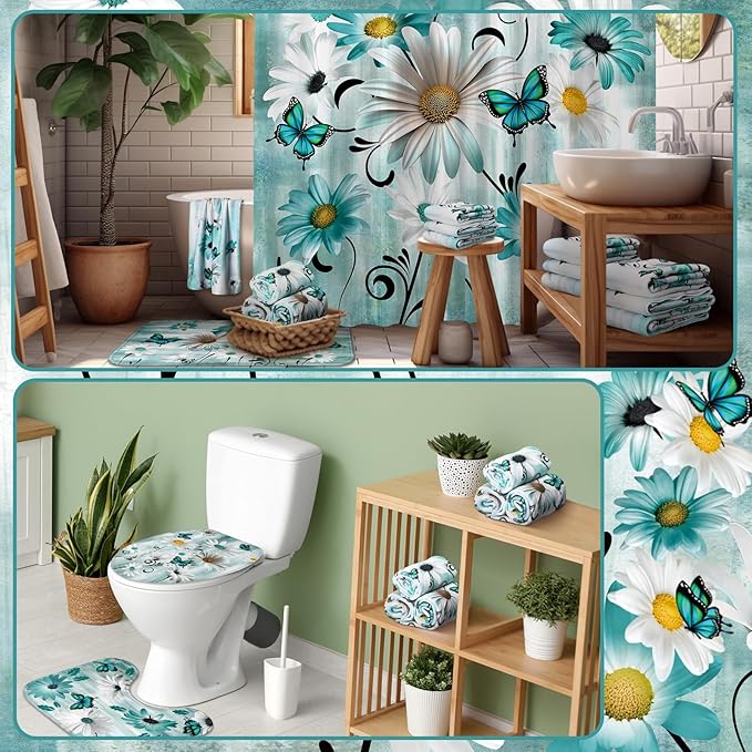 FuWeave 8 Pcs Rustic Farmhouse Shower Curtain Sets for Bathroom Daisy Floral and Butterfly Shower Curtain Sets with Rugs, Flowers Towels, Non-Slip Rug, Toilet Lid Cover, Bath Mat and 12 Hooks(Teal)