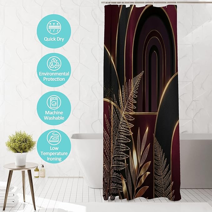 Gold and Burgundy Mid Century Shower Curtains,Dark Red Abstract Boho Shower Curtains,Funny Waterproof Polyester Modern Minimalist Art Hotel Bathroom Decor,72x72 Inches