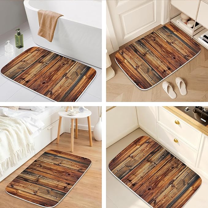 Rustic Farmhouse Wooden Board Print Bathroom Rugs and Mats Sets 3 Piece, Wood Western Country Bath Mat 20 x 31 in, Coral Velvet Memory Foam U-Shaped Contour Shower Mat Non Slip Absorbent
