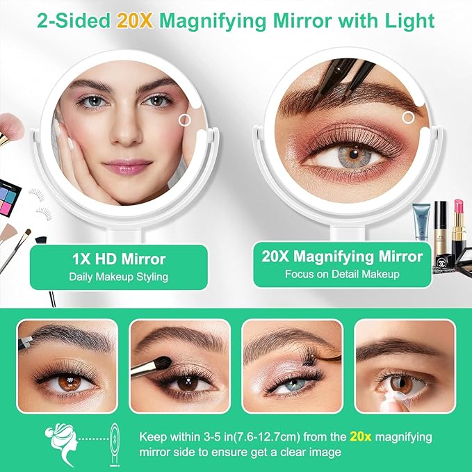 20X/1X Magnifying Makeup Mirror with Lights, Double-Sided Home Vanity Mirror with 3 Color Brightness Adjustable, 360° Rotation, Adjustable Height, Rechargeable, Phone Holder and Storage Tray