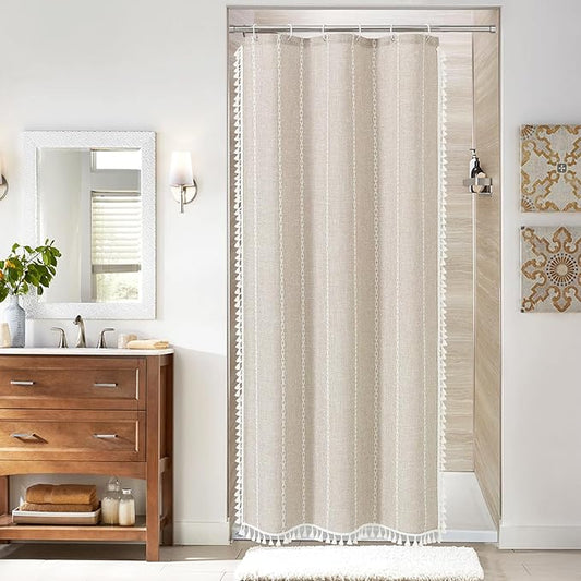 MitoVilla Beige Boho Small Stall Fabric Shower Curtain 36 x 72, Cream Half Size Narrow Polyester Linen Tassel Cloth Shower Curtains for Chic Modern Farmhouse Country Bathroom Decor