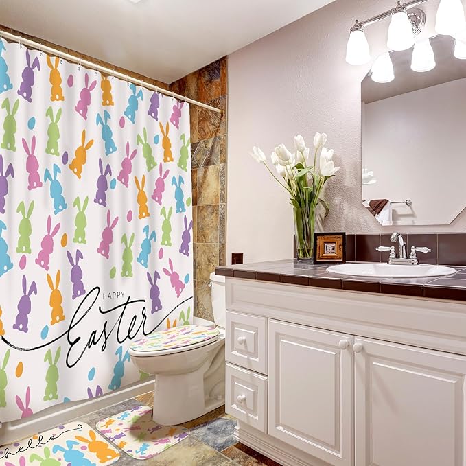 Drydiet 4 Pcs Easter Bunny Shower Curtain Sets 71 x 71 Inches Non Slip Rugs Toilet Lid Cover Bath Mat and 12 Hooks Easter Bathroom Shower Curtain for Bathroom Spring Decorations Farmhouse Home Decor