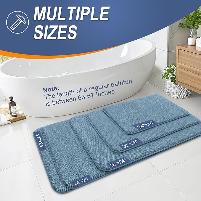 OLANLY Thick Memory Foam Bath Mat Rug 44x32, Extra Soft Absorbent Bathroom Rug, Quick Dry Bath Mats, Non-Slip, Machine Washable Carpet for Bathroom, Tub and Shower, Home Decor Accessories, Airy Blue