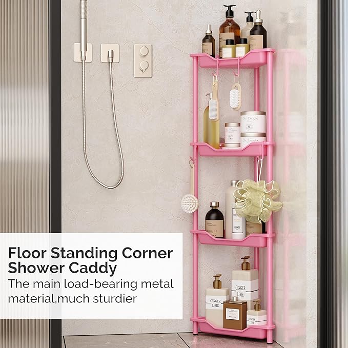 Orimade Rustproof 4 Tier Floor Standing Corner Shower Caddy Organizer, Plastic Metal Splicing Floor Corner Shelf Rack Storage Stands for Bathroom,10.8 x 10.8 x 44.6 inches, Pink