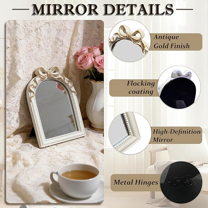 Vintage Carved Resin Desk Mirror - 8x6Inch Decorative Vanity Mirror for Makeup, Dorm, Bedroom & Tabletop Deco