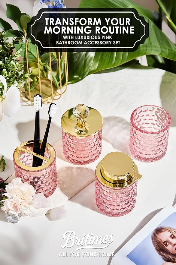 Pink Bathroom Accessories, 4Pcs Pink Bathroom Accessory Set Complete, Toothbrush Holder Set, Soap Dispenser, Qtip Holder, Tumbler, Perfect for Bathroom Decor and Vanity