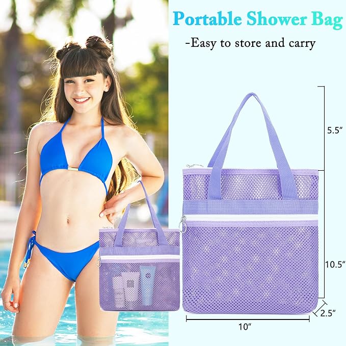 Fammart Mesh Shower Caddy Portable with Zipper & 2 Pockets - Quick Dry Shower Caddy Hanging for Travel Gym Camp Beach - Organizer Bag Bathroom Essentials for College Dorm
