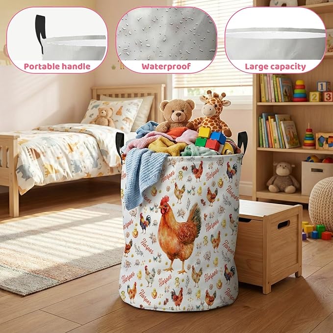 Personalized Chicken Laundry Baskets,Custom Chicken Gifts for Kids Boys Girls Adults Room,Collapsible Clothes Storage Organizer,16.5 X 13.8in