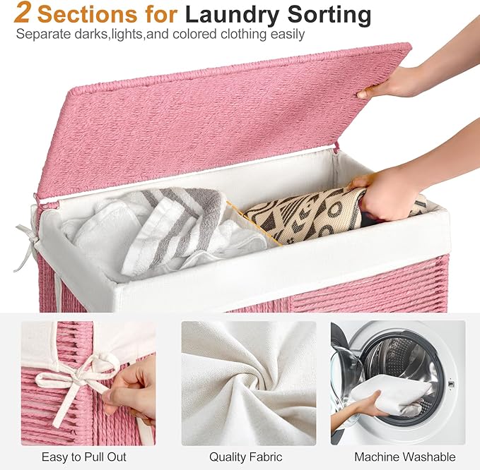 WOWLIVE Double Laundry Hamper with Lid, Handwoven Rolling Laundry Basket with Wheels, 115L Dirty Clothes Hamper with Removable Liner Bag Large Capacity Laundry Sorter Laundry Room Organization,Pink