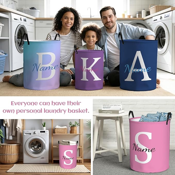 Personalized Laundry Basket Custom Name Dirty Clothes Storage Basket with Handles, Customized Name Circular Foldable Hamper with Handles for Baby Boys Girls Men Women(S)