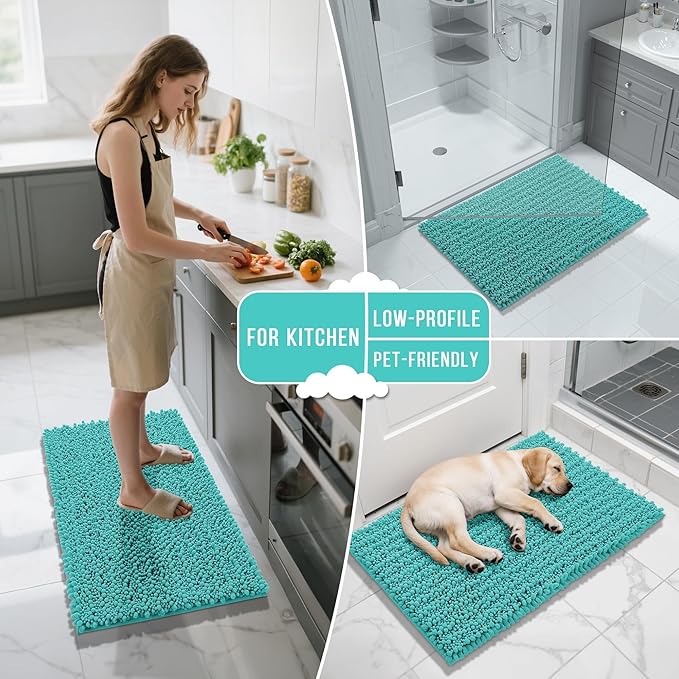 Yimobra Bathroom Rugs Non Slip Washable - Ultra Soft Absorbent Chenille Bath Mat, Quick Dry Shaggy Floor Carpet for Tub Shower, Lake Blue Home Decor Accessories, 24x17 Inch