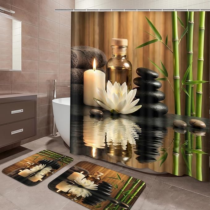 ArtSocket Green Bathroom Set with Shower Curtain and Rugs and Accessories, Bamboo Stones spa Oil Shower Curtain Set, Modern Zen Bathroom Decor 3 Pcs