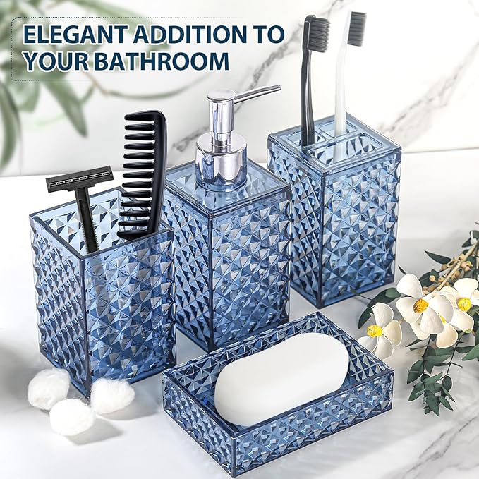 RYTOXILO Bathroom Accessories Set, 4 Pack Blue Acrylic Bath Accessory Sets Complete, Diamond Soap Dispenser and Toothbrush Holder Bathroom Counter Sink Set, Boho Modern Bathroom Decor