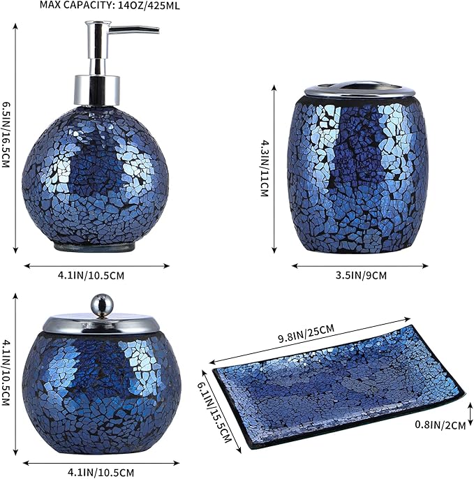 4 Pcs Mosaic Glass Bathroom Accessories Set, Modern Luxury Bath Ensemble, Includes Soap Dispenser, Cotton Swab Jar, Toothbrush Holder, Vanity Tray (Shiny Blue)