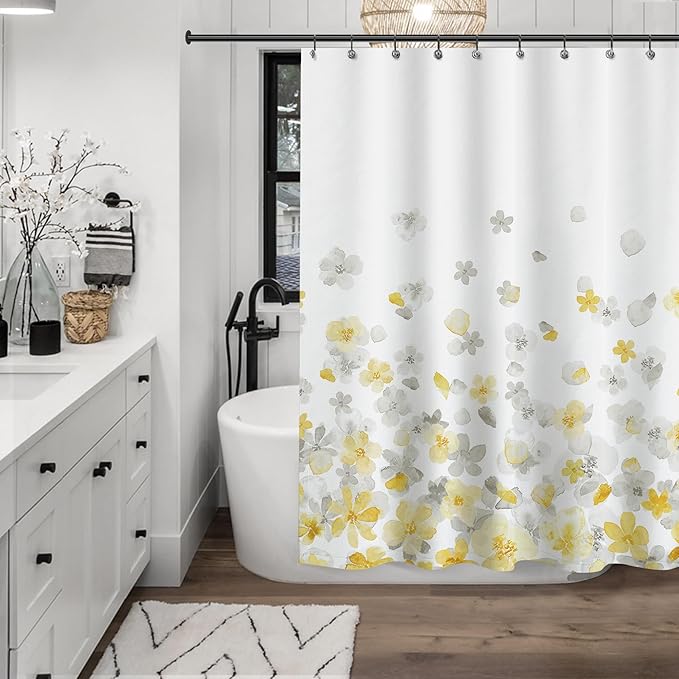 Sunlit Floral Fabric Shower Curtain, Design Simple Style Yellow and Gray Flower Blossoms Shower Curtains for Bathroom Decor with White Background, Machine Washable, 71x71