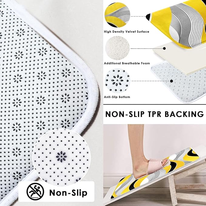 Yellow Striped Shower Curtain Set with Toilet Lid Cover and Non-Slip Rugs for Bathroom, Grey and Black Geometric Lines 4 Pcs Shower Curtain, Modern Yellow Bathroom Set with 12 Hooks