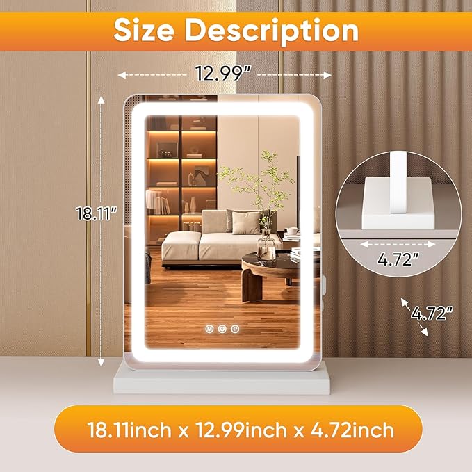 NEWBULIG 18"x13" LED Vanity Mirror with Lights, Lighted Smart Tabletop Makeup Mirrors for Desk, Touch Control Dimmable Brightness, 3 Color Lighting Modes