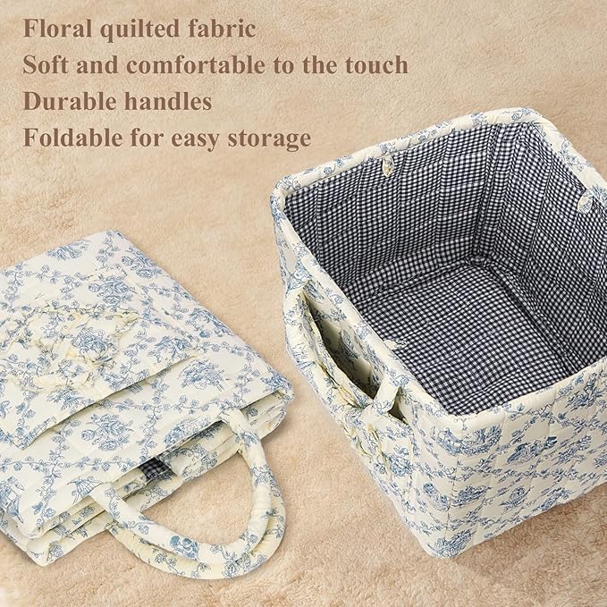 Quilted Fabric Basket Car Storage Basket Boho Floral Laundry Hamper for Nursery Bedroom & Living Room | Organize Clothes Toys