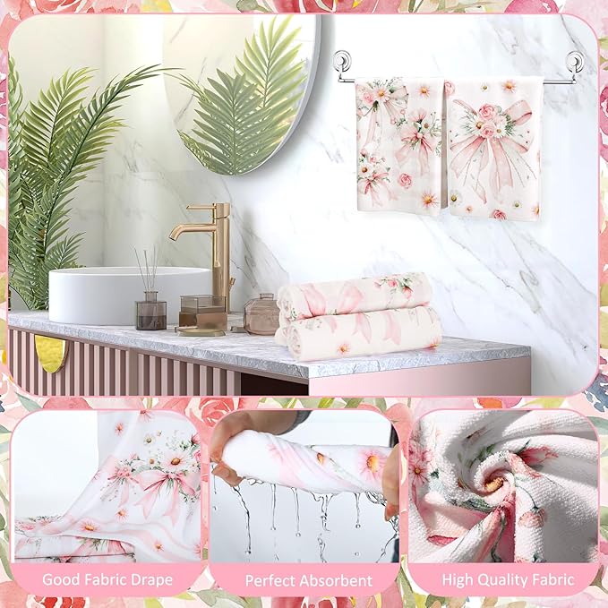 Tatuo 8 Pcs Pink Bow Daisy Shower Curtain Sets for Bathroom Decor Coquette Bathroom Accessories Daisy Rose Aesthetic Girly Shower Curtain Sets with Towels Carpet Bath Mat Toilet Rugs and 12 Hooks
