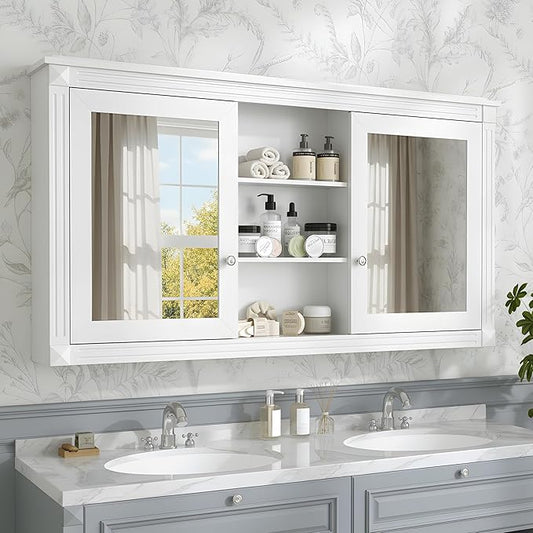 Merax Bathroom Medicine Cabinet with Mirror Door & Adjustable Shelf, 55" x 28" Wall Mounted Bathroom Storage Cabinet with Mirror, Over The Toilet