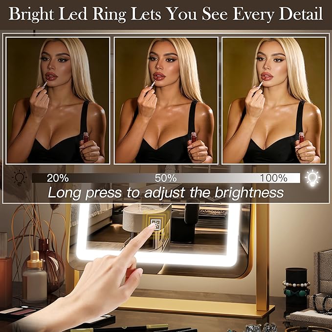 15" x13" Vanity Mirror with Lights, LED Makeup Mirror with Lights, 10X Magnification Mirror with 360°Rotation, 3 Color Modes ＆ Dimmables,Light up Makeup Mirror for Vanity Desk, Travel,Gold