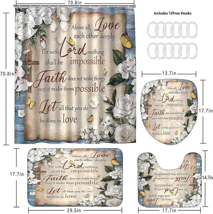 AZHM White Camellia Flower Shower Curtain Sets Inspirational Quotes with Yellow Butterfly Bathroom Decor Accessories Set with Rugs and 12 Hooks