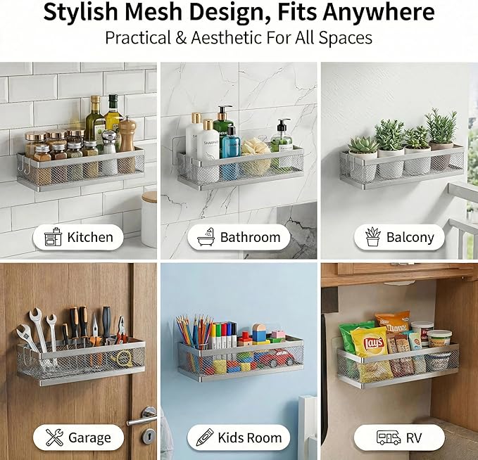 PUSDON Mesh Shower Caddy Wall Mount, Heavy Duty Adhesive Bathroom Shelf Organizer, Rustproof Floating Spice Rack for Kitchen Pantry, Holds 50 LBS, Multi-Purpose Storage Silver Gray -2 Packs (Netting)