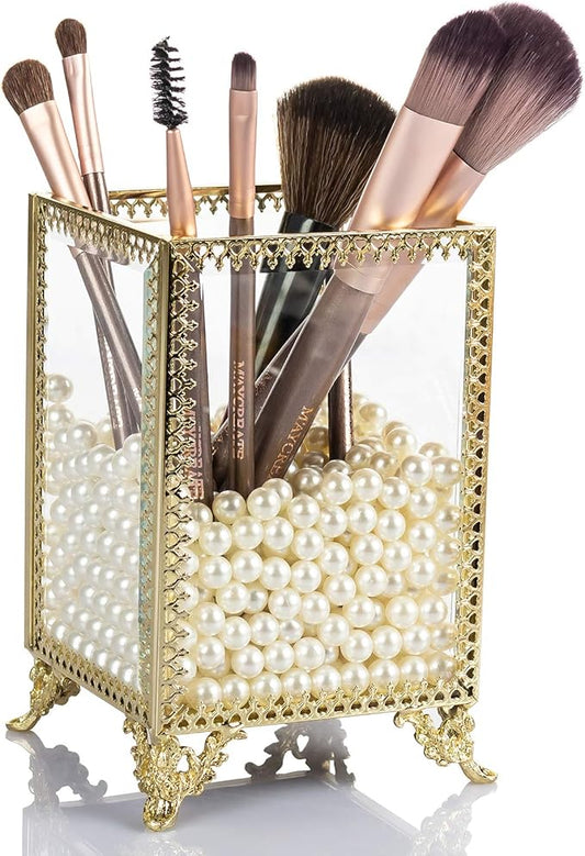 display4top Makeup Organizer Gold Glass Vintage Cosmetic Display Cases Makeup Brush Holder with Free White Pearls