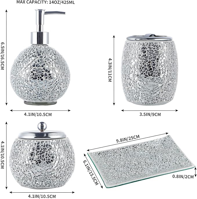Mosaic Glass Bathroom Accessories Set, Modern Luxury Bath Ensemble, Includes Soap Dispenser & Cotton Swab Jar & Toothbrush Holder & Vanity Tray (Shiny Silver)