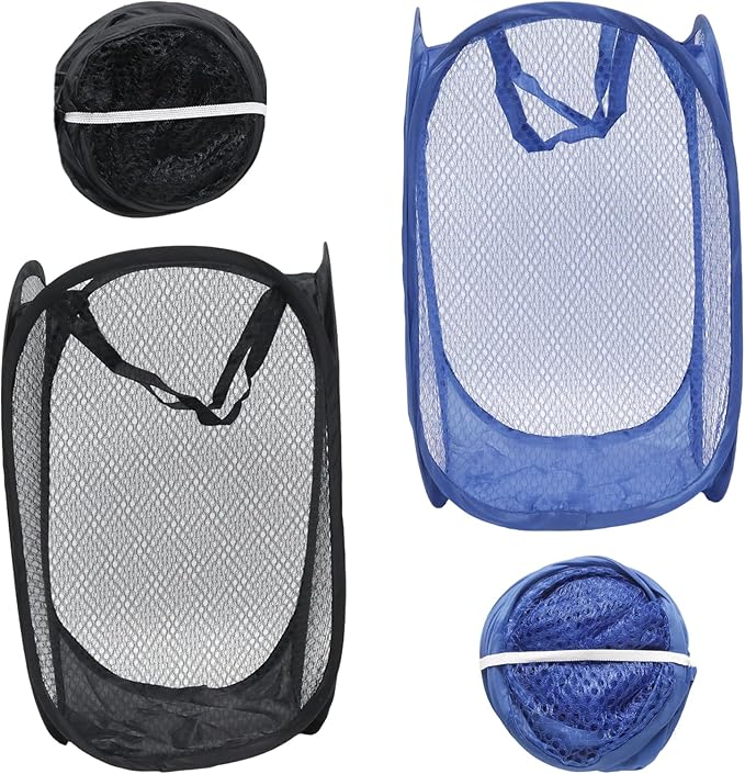 2Pcs Popup Mesh Laundry Baskets, Collapsible and Portable Laundry Hamper, Ideal for Travel and Home Use (Black & Dark Blue)