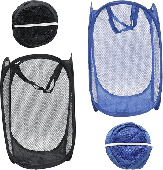2Pcs Popup Mesh Laundry Baskets, Collapsible and Portable Laundry Hamper, Ideal for Travel and Home Use (Black & Dark Blue)