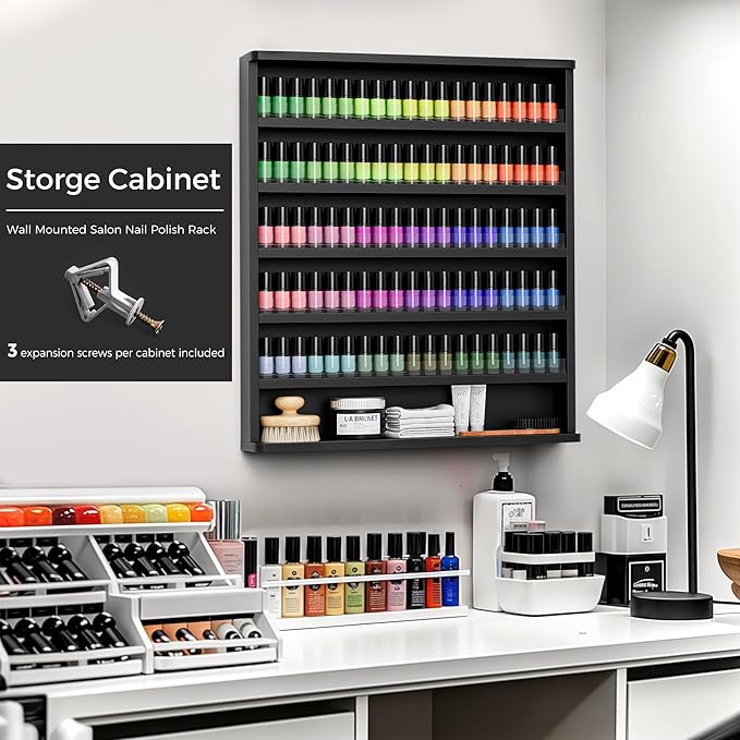 Kikihouse Wood Nail Polish Rack 2 Packs, Wall Mount Nail Polish Organizer, 6 Layers Nail Salon Storage Display Shelves Perfume Essential Oil Bottles Holder w/Acrylic Baffle, Black