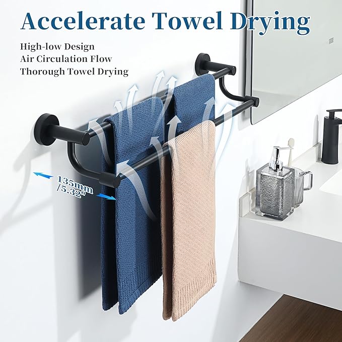 Alise Double Towel Bars,24 Inch Towel Rack for Bathroom, Wall Mount Towel Holder, Quick Drying Towel Hanger SUS304 Stainless Steel Towel Rail, Matte Black, GOY4600-B