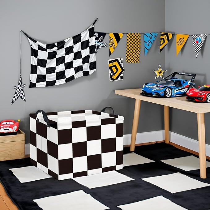 Rectangular Checkered Basket Storage Bin Collapse Storage Basket with Handles for Organizing Home Kitchen Boys and Girls Toys Office Closet Shelf Baskets (Race Flag)