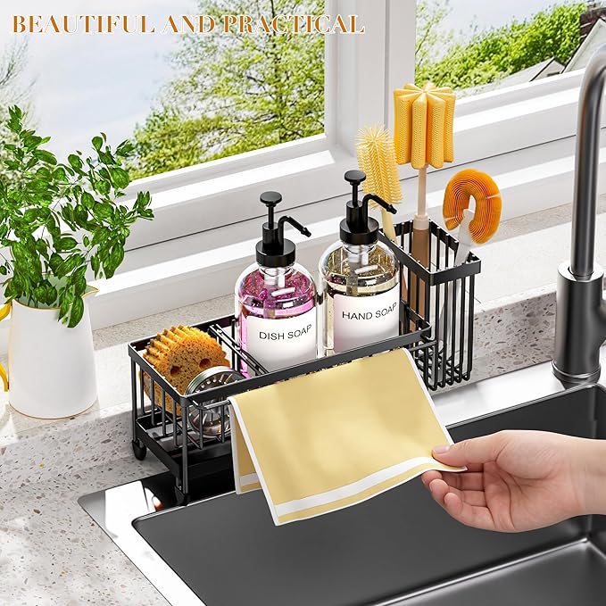 Kitchen Soap Dispenser Set with Sponge Holder and Towel Rack, 17OZ Glass Bottle, Hand and Dish Soap Dispenser Set, Non-Slip Silicone Pad, Brush Holder, Kitchen Sink Caddy Organizer Countertop