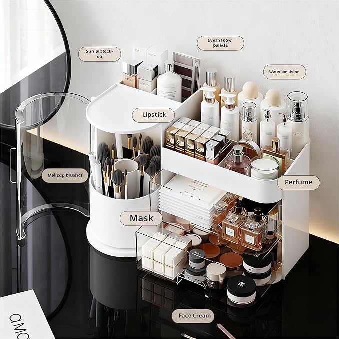 Makeup Organizer with Rotating ,Large Bathroom Countertop Cosmetic Organizer with Brushes Holder,Skincare Storage Organizer,Ideal makeup holder for Skincare,Lipstick and other items (Simple white)