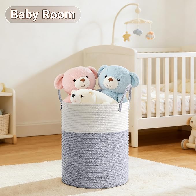 Tall Laundry Basket with Handles, 100L Portable Dirty Clothes Hamper, Boho Cotton Rope Storage Bin for Blankets Kids Toys Gifts, Extra Large Organizer for Baby Nursery Bedroom Bathroom, Grey
