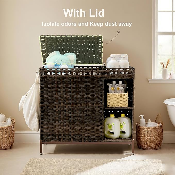 Gitelsnour Laundry Hamper with Lid, 110L (29.1 Gal) Rattan Laundry Hamper 2 Section with 50L (13.2 Gal) Storage Shelf, Wicker Woven Laundry Sorter Basket with 3 Liner Bags and Handles, Brown GLH002BR